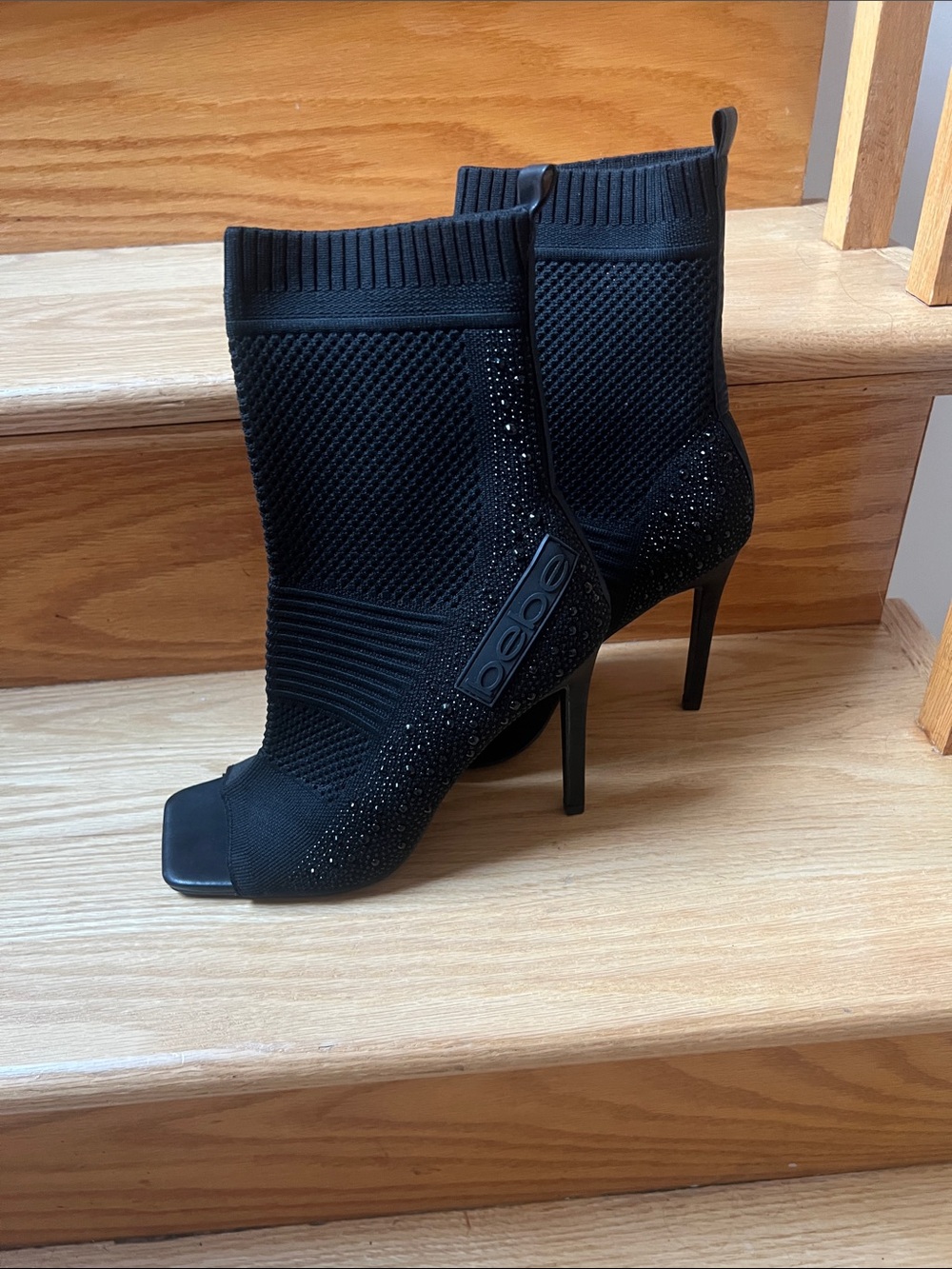 Bebe Black Stretch Knit Peep-Toe Stiletto Ankle Boots